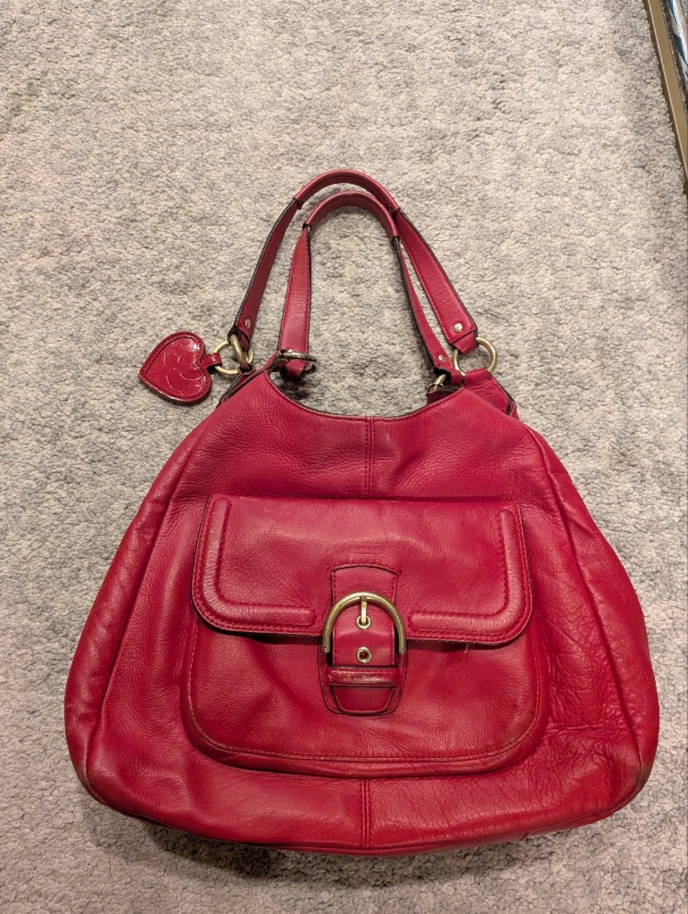 COACH Red Leather Hobo Bag with Front Buckle and Heart Mirror